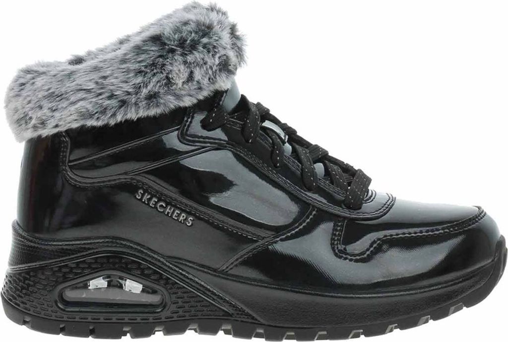 A black Skechers boot with gray fur trim.