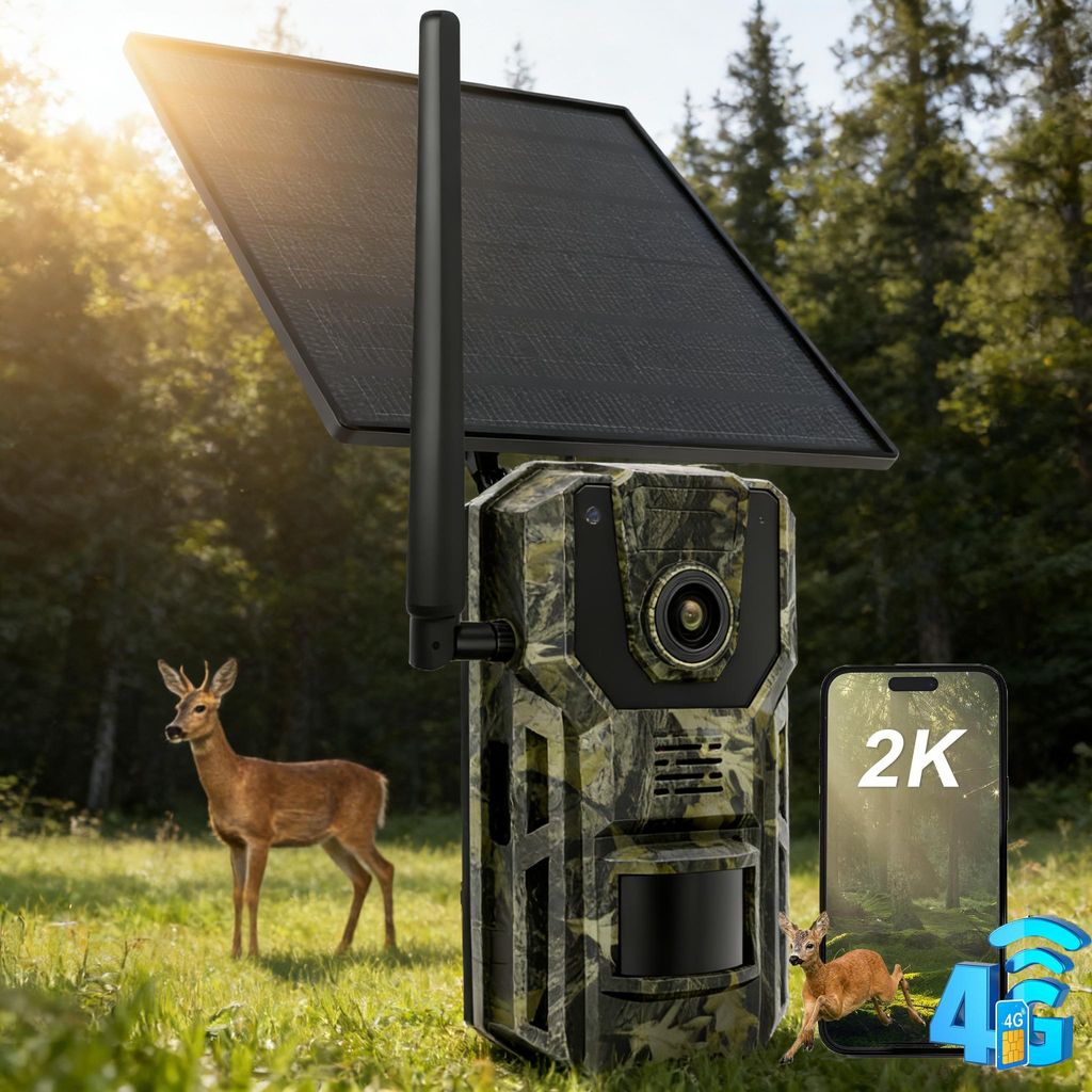 4G LTE Wildkamera mit App & Bewegungsmelder 2K Solar Überwachungskamera Aussen mit SIM Karte 7800mAh Akku No-Glow-Nachtsicht Kamera mit GPS