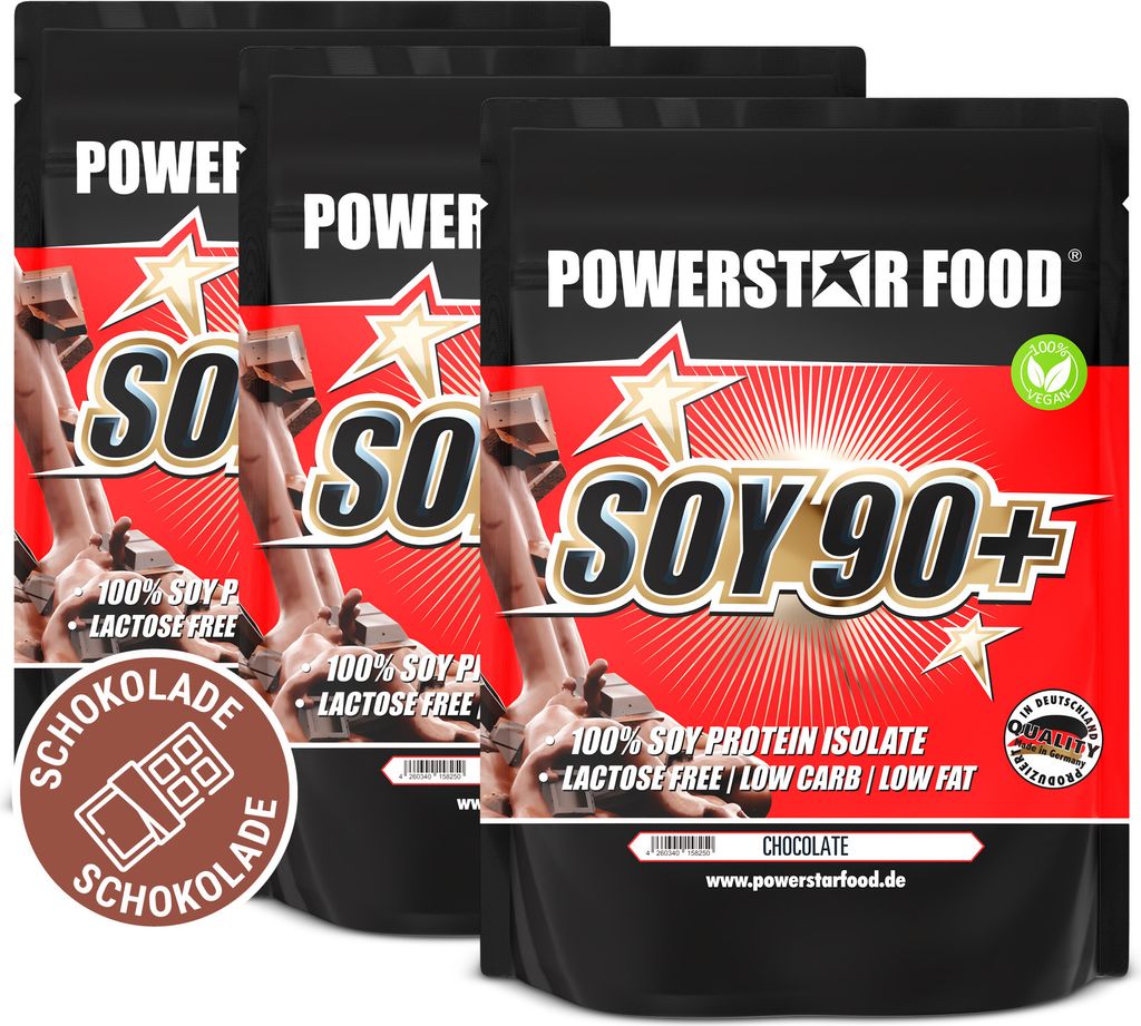 Powerstar SOY 90+ | 3x1kg Soja-Protein-Isolat | Gentechnisch unverändert & GMO-frei | Veganes Eiweiß-Pulver zum Muskelaufbau | Chocolate