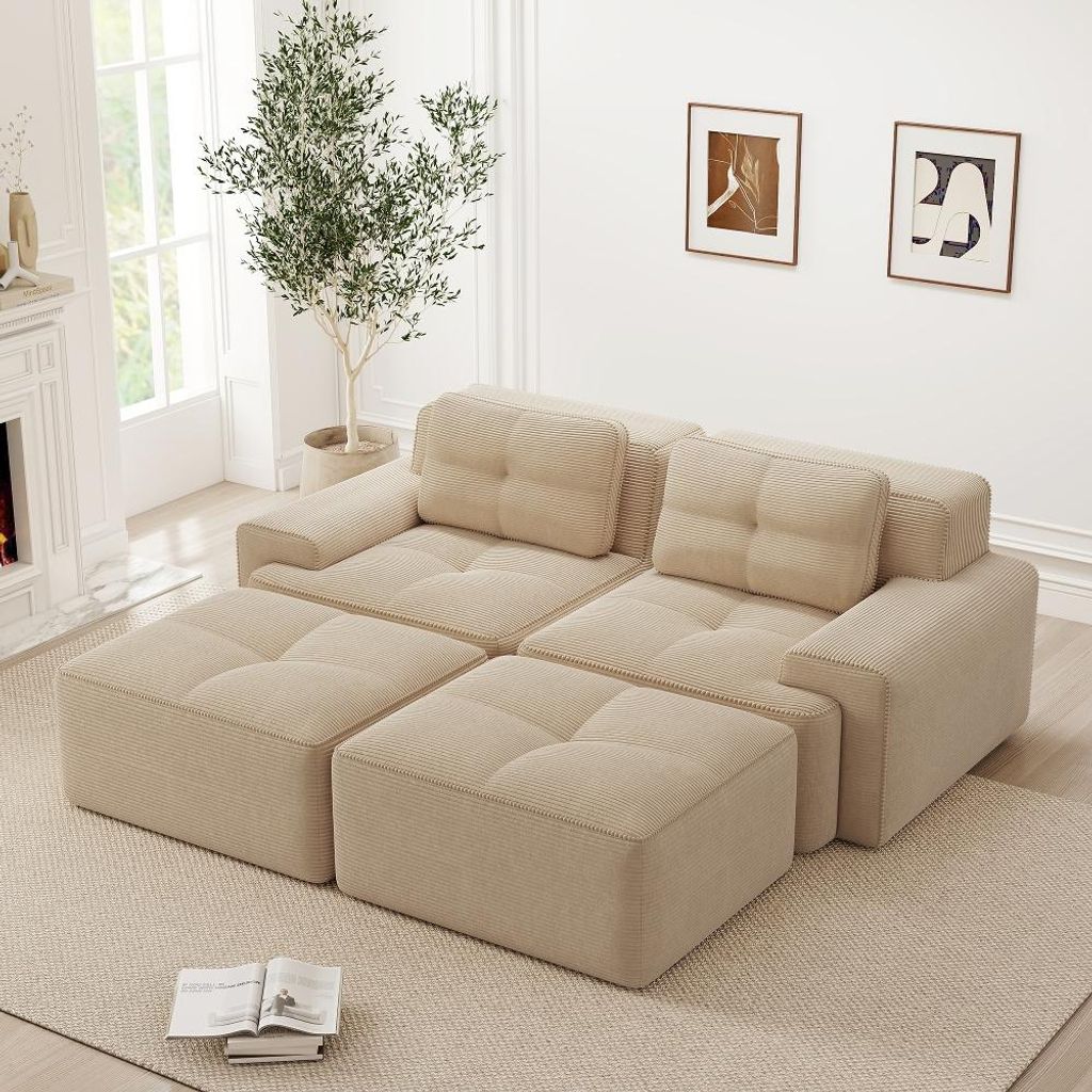 Modulares Cloud Sofa Beige Cord Sofa U Form mit Ottoman, Produktbild 