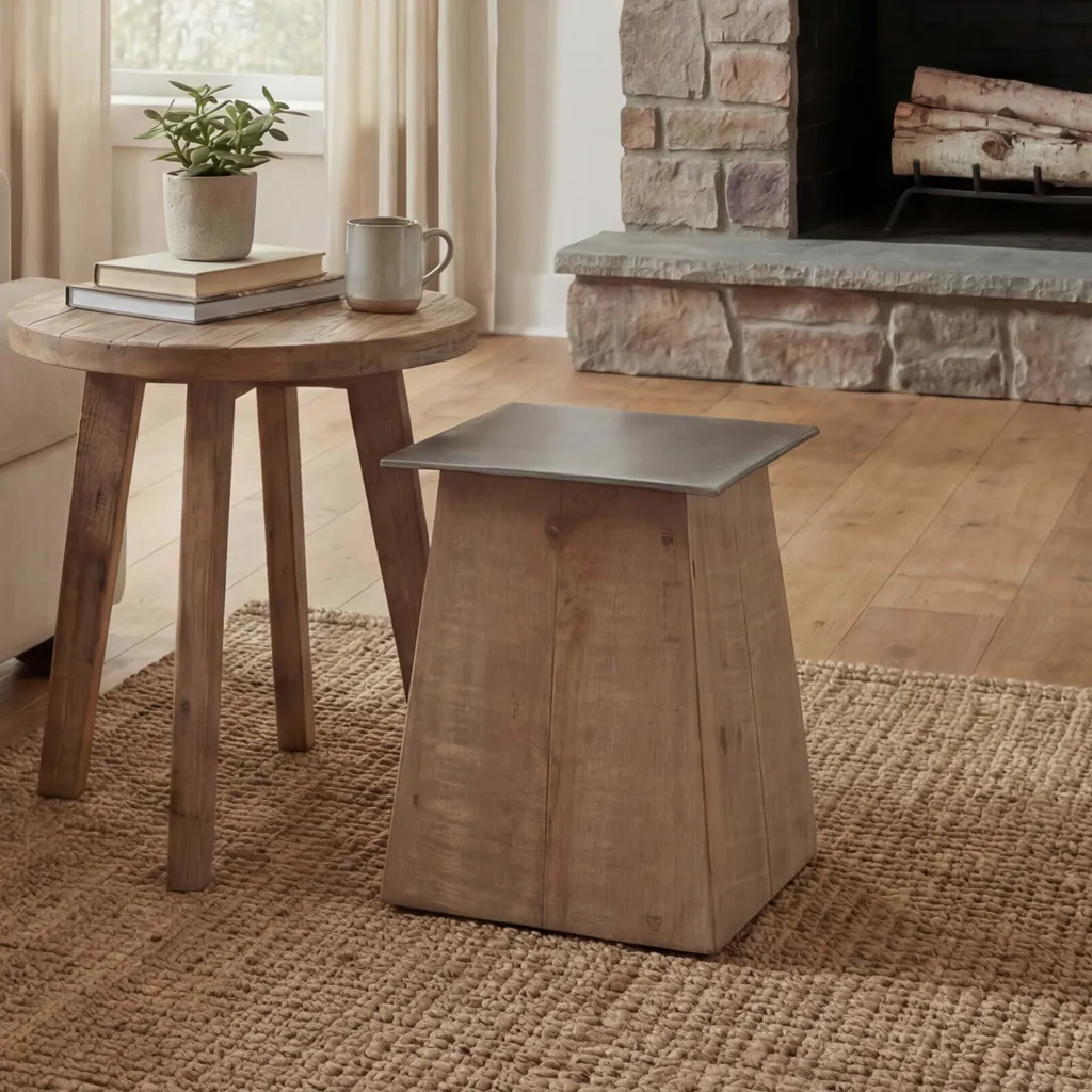 Tabouret en Bois Massif MVG Aspect Métal Naturel Design Industriel Loft