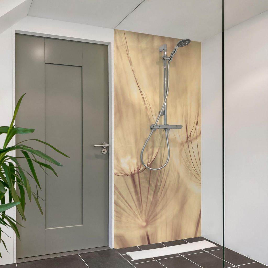 Duschrückwand Blumen selbstklebend - 0.35 mm Wandpaneel wasserfest Pusteblume beige Motiv Badrückwand fugenlos Smart matt 90x200 cm