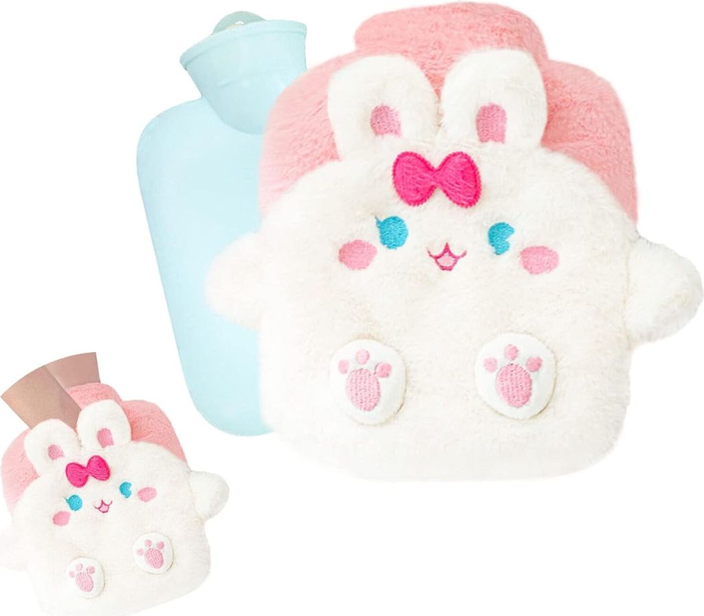 Wärmflasche,Wärmflasche mit Bezug Flauschig,Abnehmbare und Waschbare Wärmflasche,Premium Wärmflasche, Kaninchen, 400 ML
