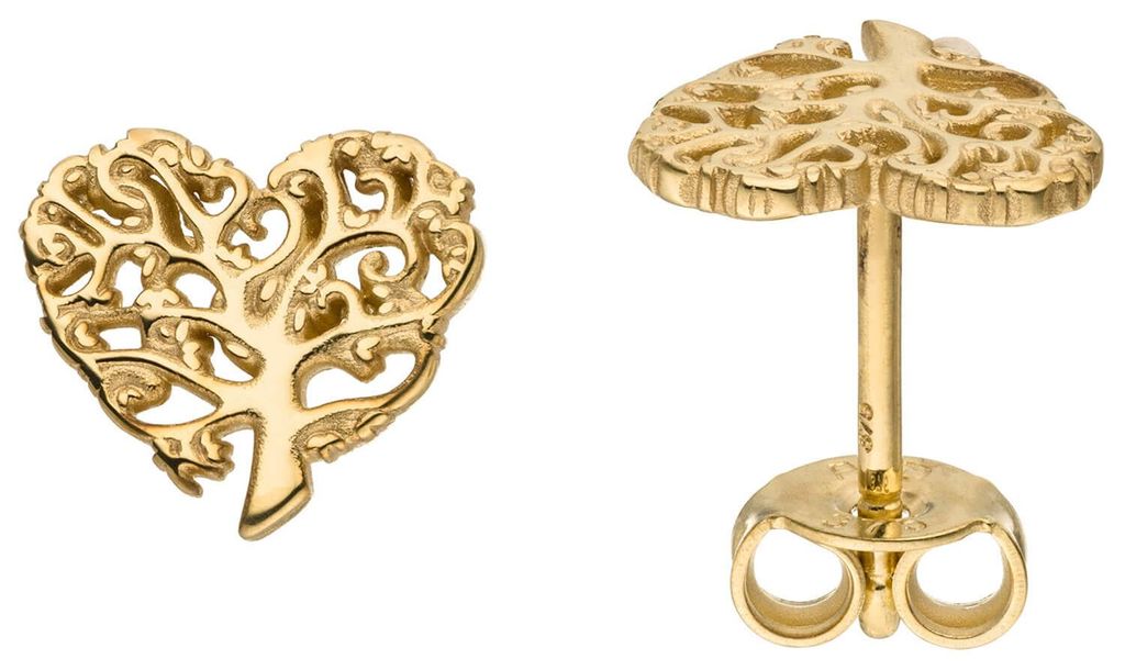 Kleine Ohrstecker 9,2x8mm Herz/Baum Lebensbaum aus 375 Gold Gelbgold Ohrringe