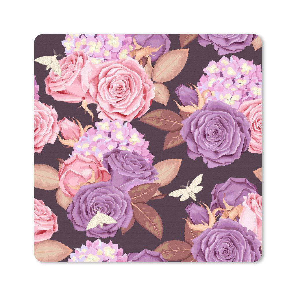 MuchoWow Mauspad Mousepad Blumen - Schmetterlinge - Rosa - Lila 20x20 cm - Mousepads - Maus Mat - Pad - Mausunterlage - Desk Mat - Bureauartikeln