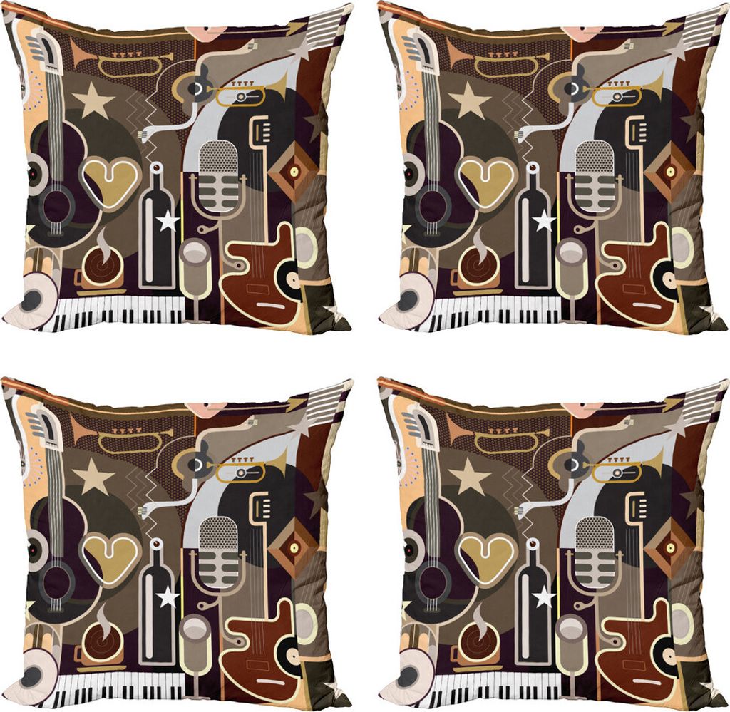 ABAKUHAUS Musik Kissenbezug Set (4 Stück), Musikinstrumente Zusammenfassung, Moderner Doppelseitiger Digitaldruck, 60 cm x 60 cm, Mehrfarbig