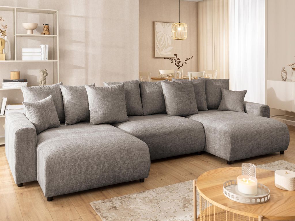 Calma - Komfortable Wohnlandschaft im Bumpy-Design mit Schlaffunktion und Bettkasten aus weichem Taupe Chenille-Stoff