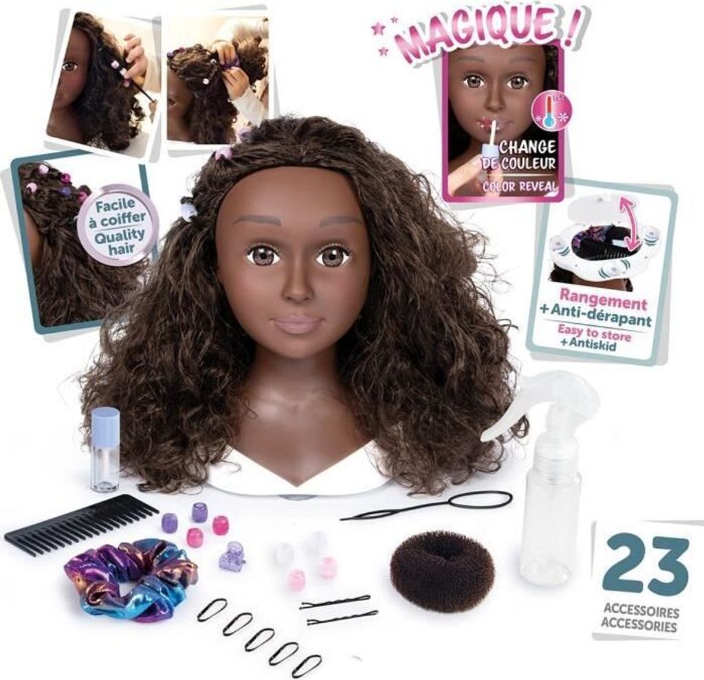 Frisierkopf Afro Smoby, Lockiges Haar, 23 Zubehörteile, Thermosensitive Lippen, Aufbewahrungsfach