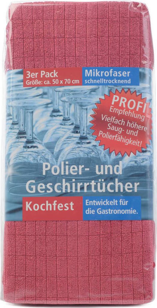 A package of red microfiber polishing and dish towels with images of wine glasses.