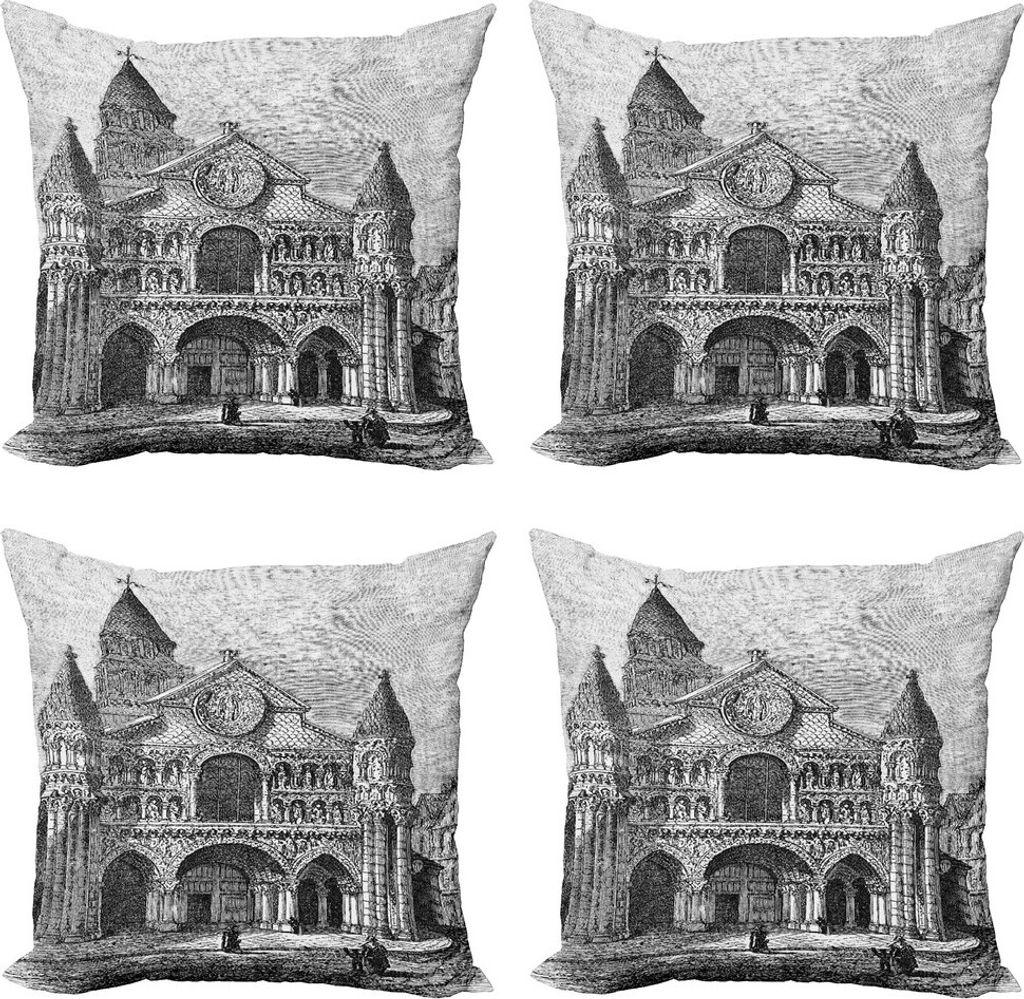 ABAKUHAUS Notre Dame Kissenbezug Set (4 Stück), Vintage Monument Kunst, Moderner Doppelseitiger Digitaldruck, 50 cm x 50 cm, Grau und Weiß