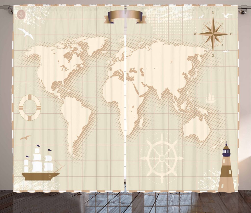 ABAKUHAUS Vintage Boat Rustikaler Gardine, Welts-Karte, Schlafzimmer Kräuselband Vorhang mit Schlaufen und Haken, 280 x 175 cm, Eischale Tan Beige
