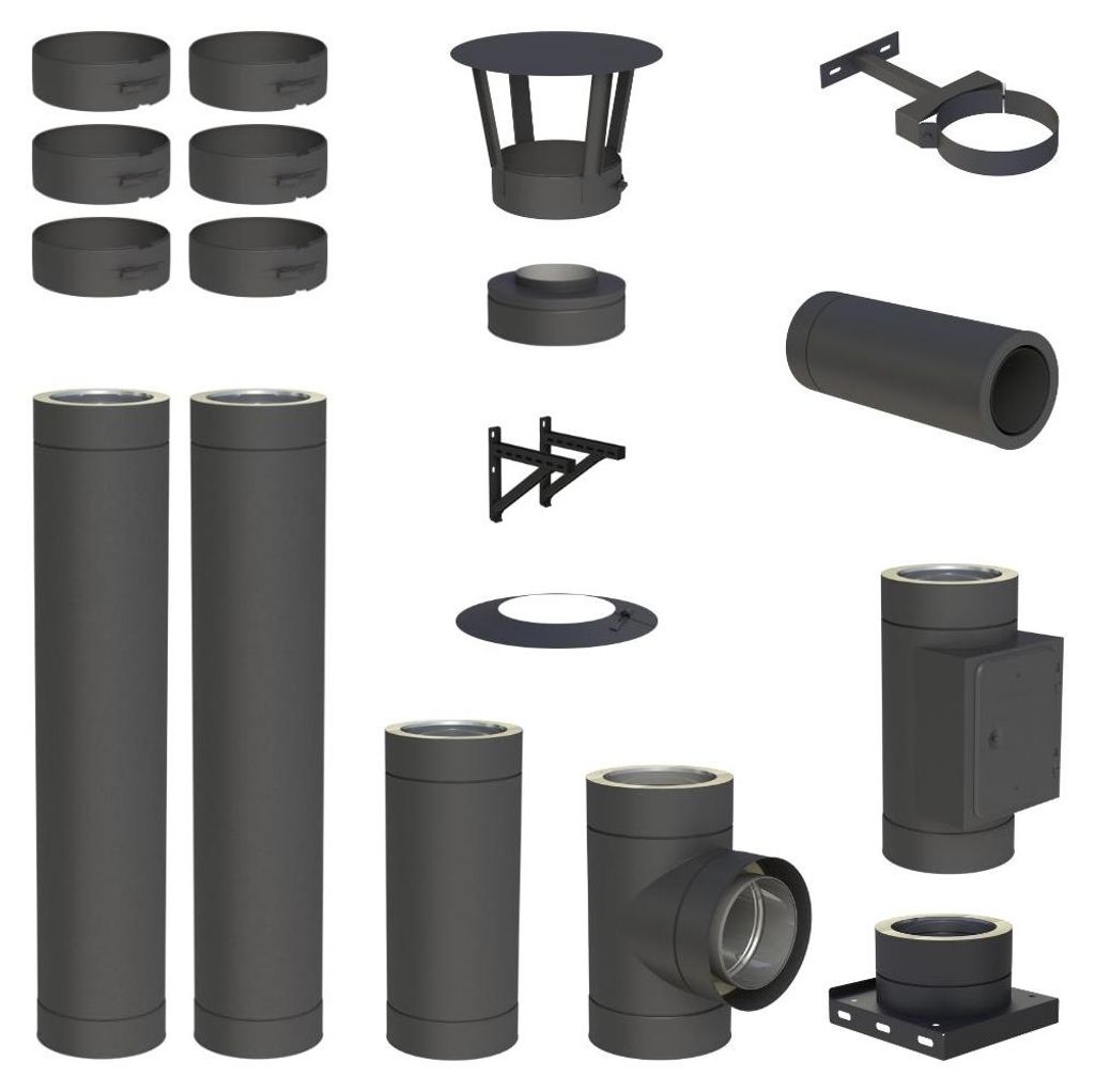 3,3 m Edelstahlschornstein Ø 180 mm Komplettset doppelwandig DW-Black Wandmontage