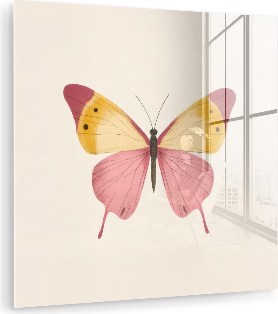 MuchoWow Glasbilder - Bilder auf Wandbild - Foto auf Glas Schmetterling - Illustration - Rosa 20x20 cm Wanddekoration aus Glas - Acrylglasbild - Ac...