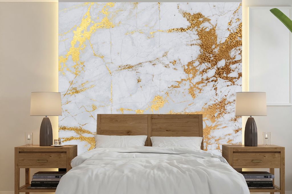 MuchoWow Fototapete für Wohnzimmer oder Schlafzimmer Wandtapete Vinyl Motivtapete Marmor - Grau - Gold - 280x280 cm - Hintergrundbild