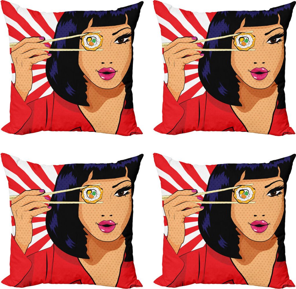 ABAKUHAUS Sushi Kissenbezug Set (4 Stück), Pop-Art-Art-Mädchen mit Sushi, Moderner Doppelseitiger Digitaldruck, 45 cm x 45 cm, Mehrfarbig