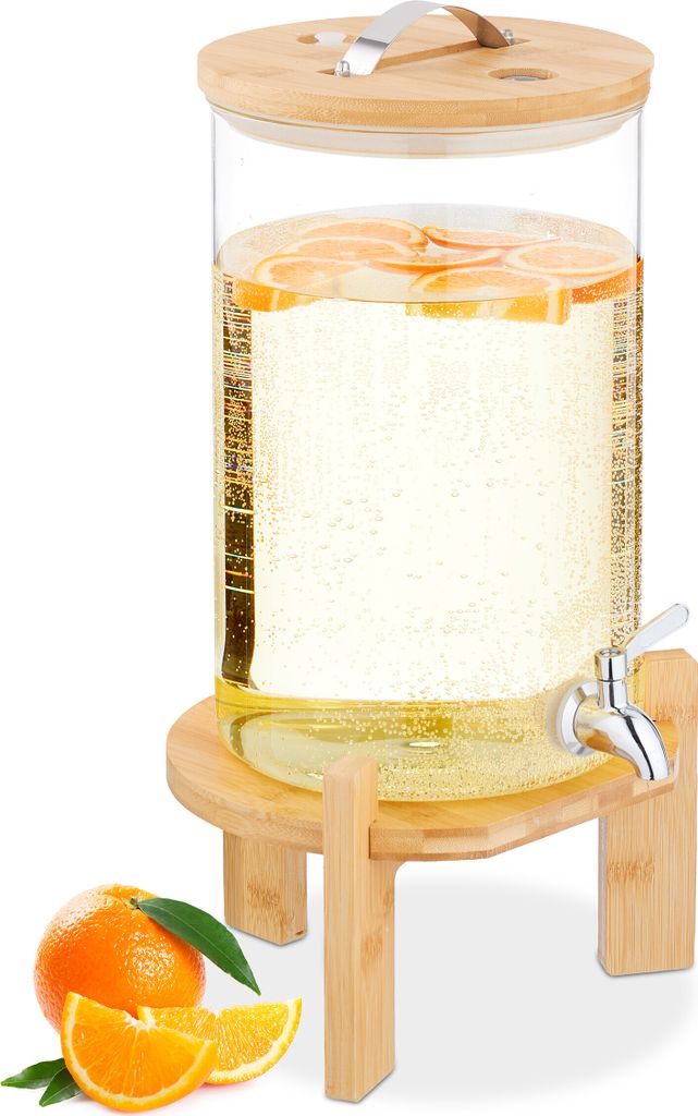 Relaxdays Getränkespender, 8 Liter, Kalt- & Heißgetränke, Bambus-Ständer, Thermometer, Bowle-Gefäß, transparent/ natur