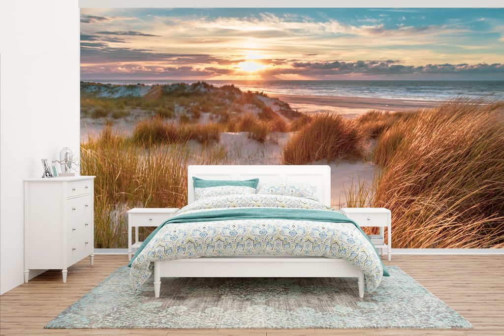 MuchoWow Fototapete für Wohnzimmer oder Schlafzimmer Wandtapete Vinyl Motivtapete Düne - Pflanzen - Sonnenuntergang - Strand - Meer - 535x300 c...