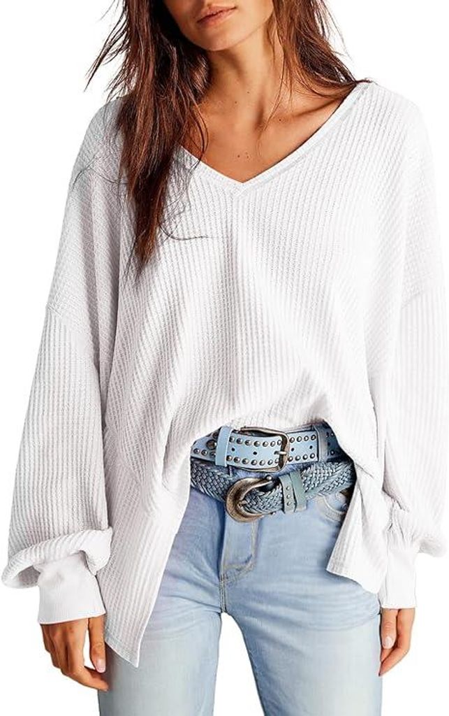 Damen-Waffel-Oversize-Bluse mit V-Ausschnitt, langarm, Produktbild 