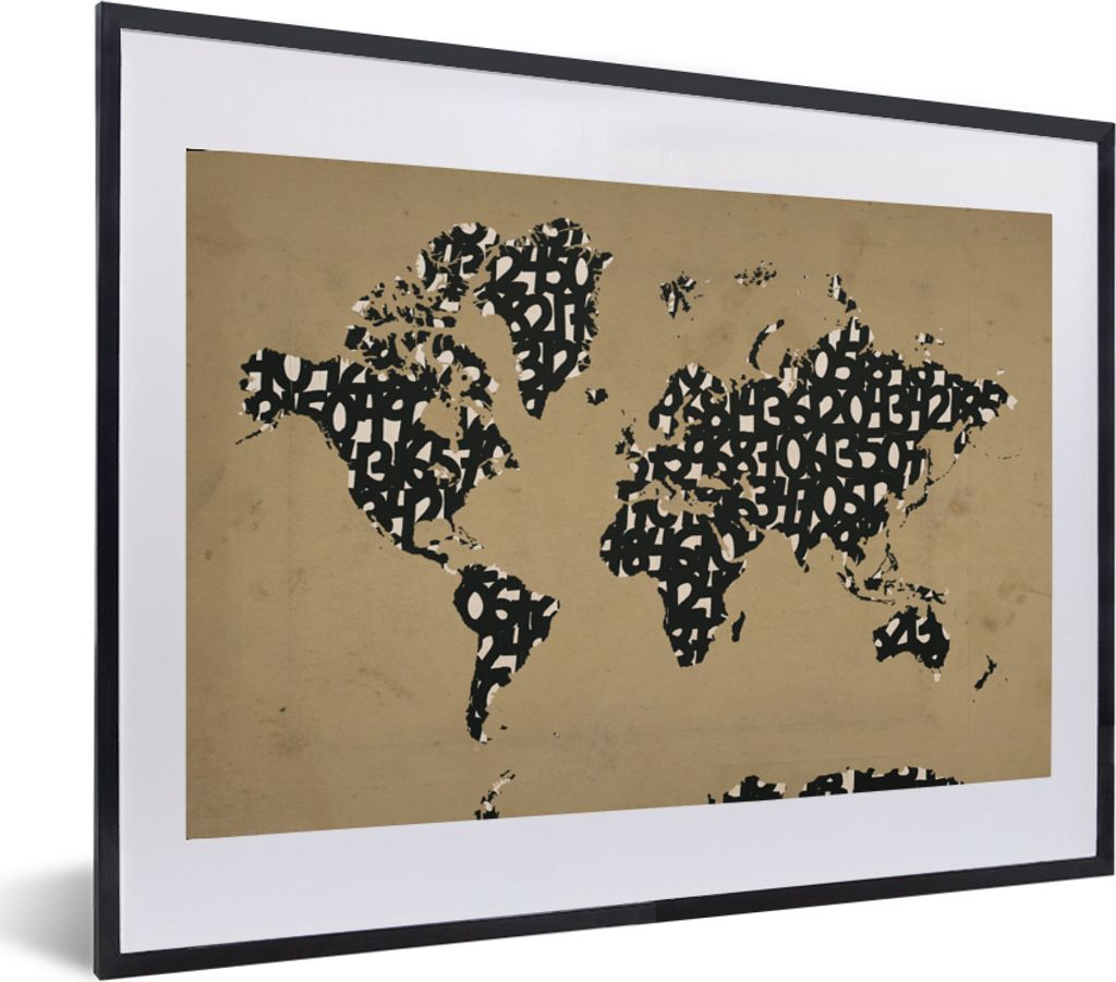 MuchoWow MuchoWow Gerahmtes Poster Weltkarte - Zahlen - Braun 60x40 cm - Poster mit zchwarzem Bilderrahmen - Schlafzimmer - Plakat in Rahmen - ...