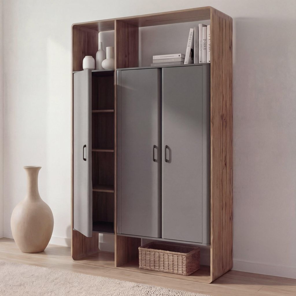 Schrank MCW-P43, Garderobenschrank Kleiderschrank Highboard 3 Türen MDF 200x120x55cm Rivera-Eiche-Optik, dunkelgrau