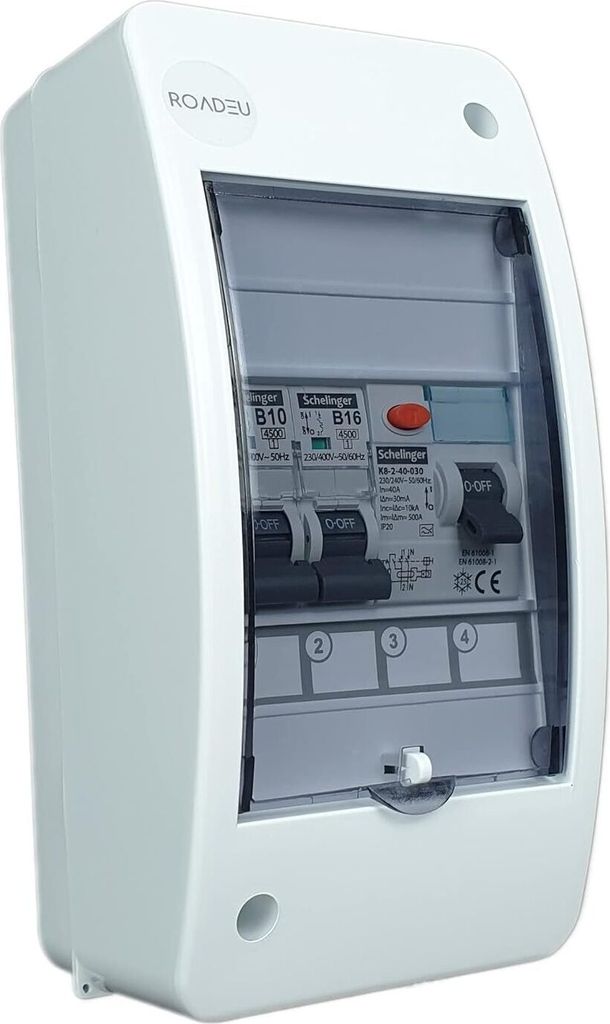 RoadEu - Leitungsschutzschalter, Stromverteiler mit Fehlerstromschutzschalter 40A 2P und B16A, B10A. Sicherungskasten 230V