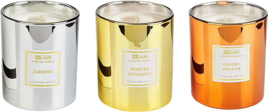 BELIANI Duftkerze 3er Set Mehrfarbig Sojawachs mit Baumwolldocht im Glas Duftnoten: Goldener Apfelkuchen Jasmin Wintersonne Geschenkset