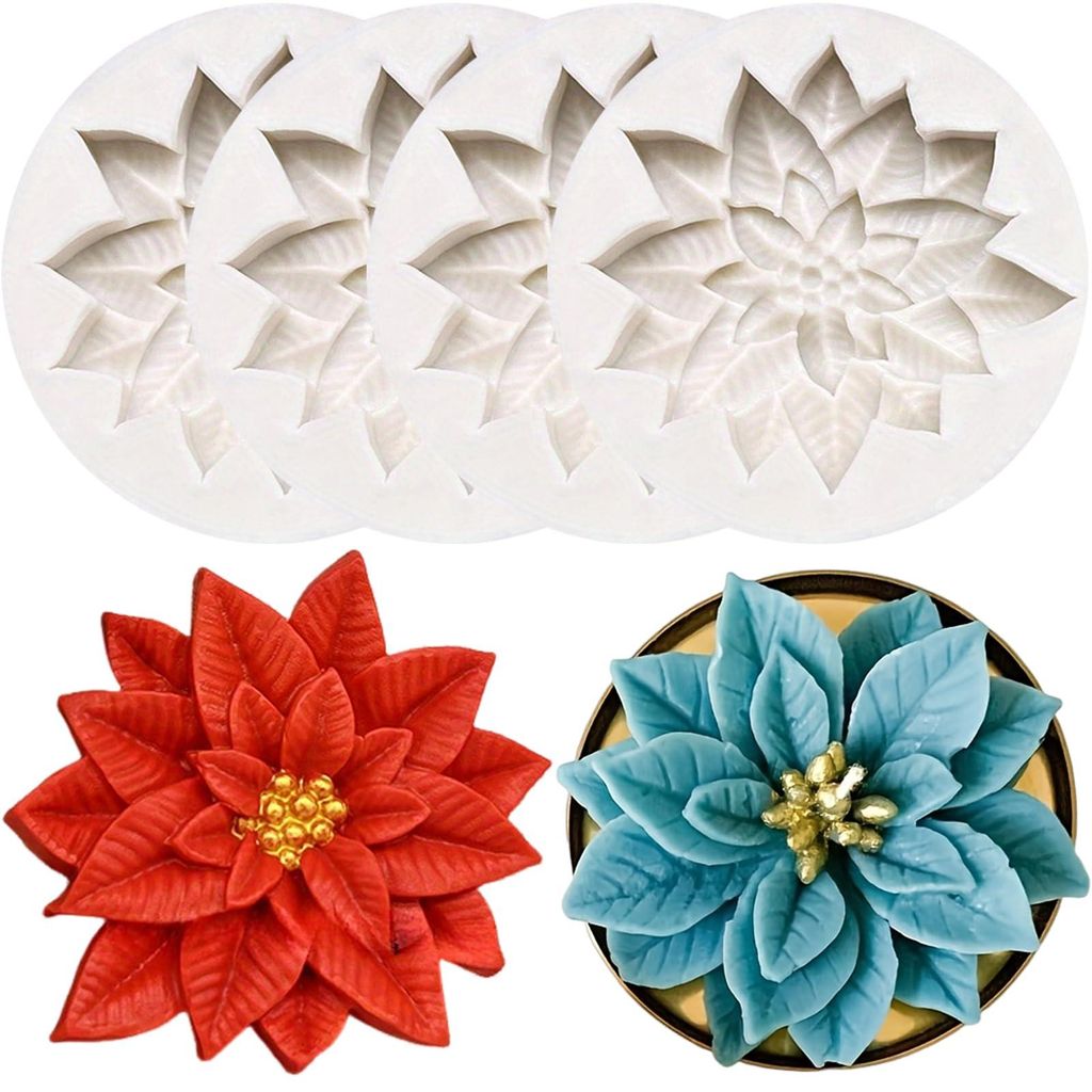 4-teiliges Silikonform-Set mit Weihnachtsstechpalmenblättern, Form für Weihnachtsblumen und Blätter für Kerzen, Formen zum Kerzengießen, 3D-Si...