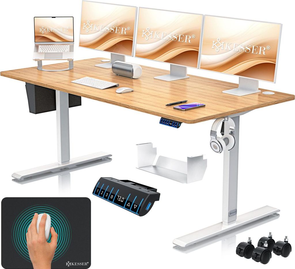 KESSER Schreibtisch elektrisch & höhenverstellbar Computertisch Ergonomisch Stehen & Sitzen 3-Memory 360° Rollen USB-Ladeanschluss 180x80cm Beige