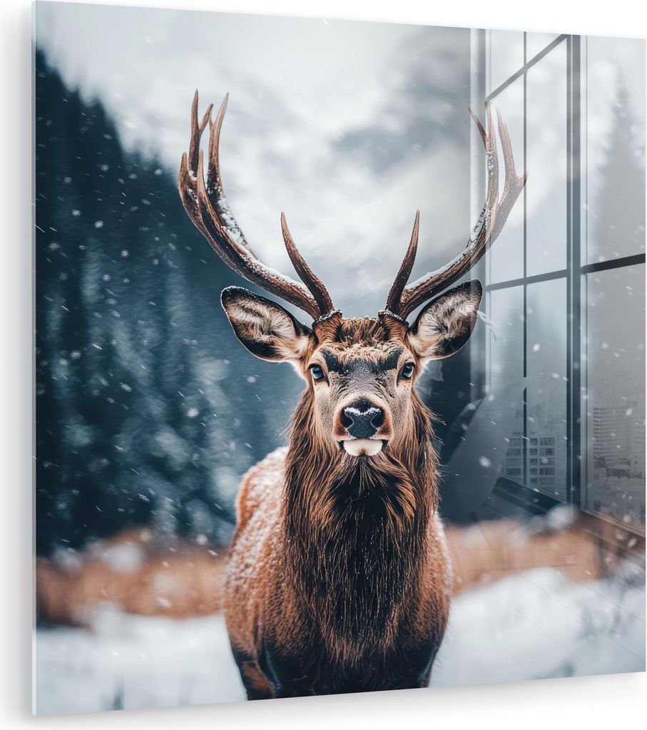 MuchoWow Glasbilder - Bilder auf Wandbild - Foto auf Glas Hirsche - Tiere - Landschaft - Winter - Schnee 30x30 cm Wanddekoration aus Glas - Acrylgl...