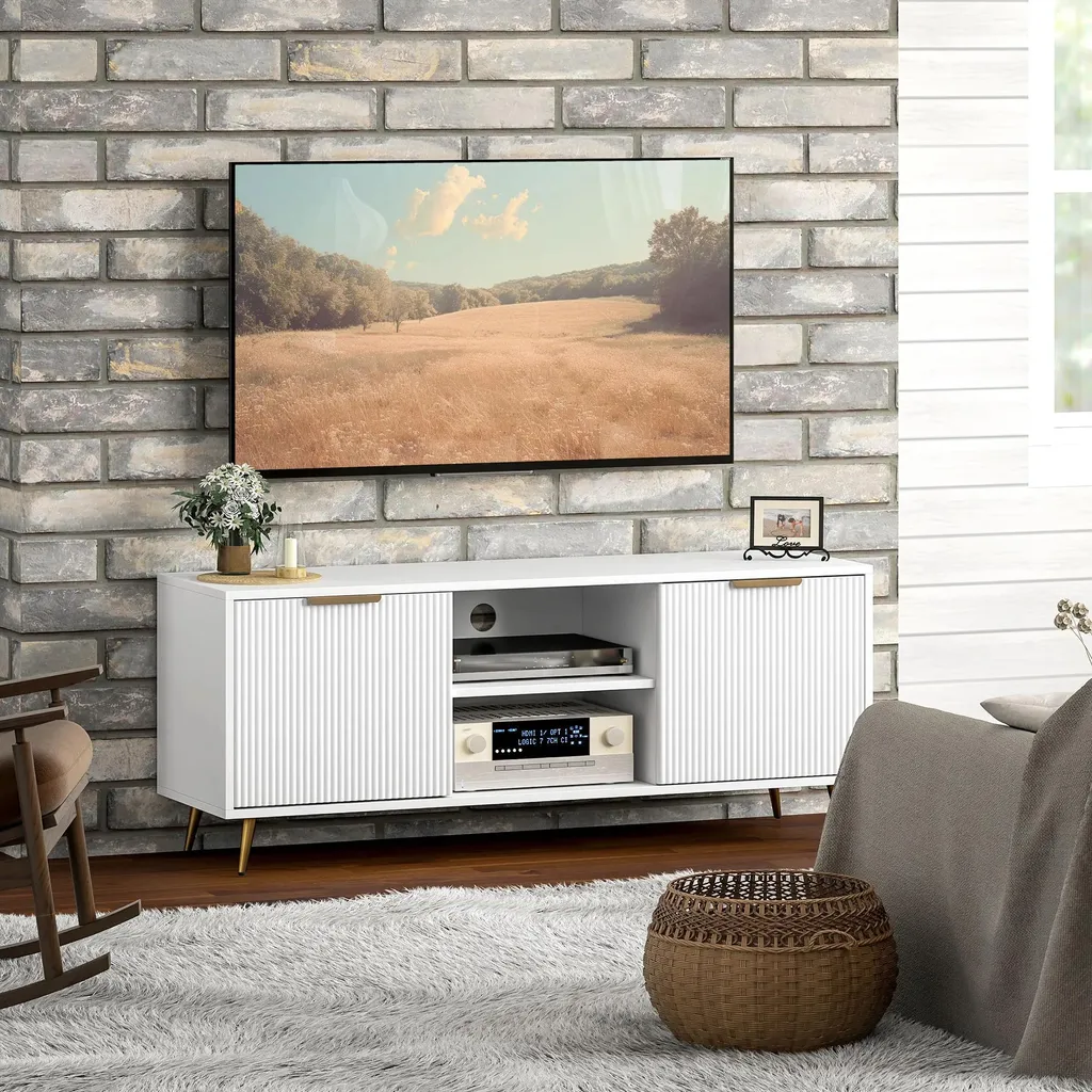 Buffet TV Blanc de Style Moderne - Meuble de Salon Bas avec Rangements