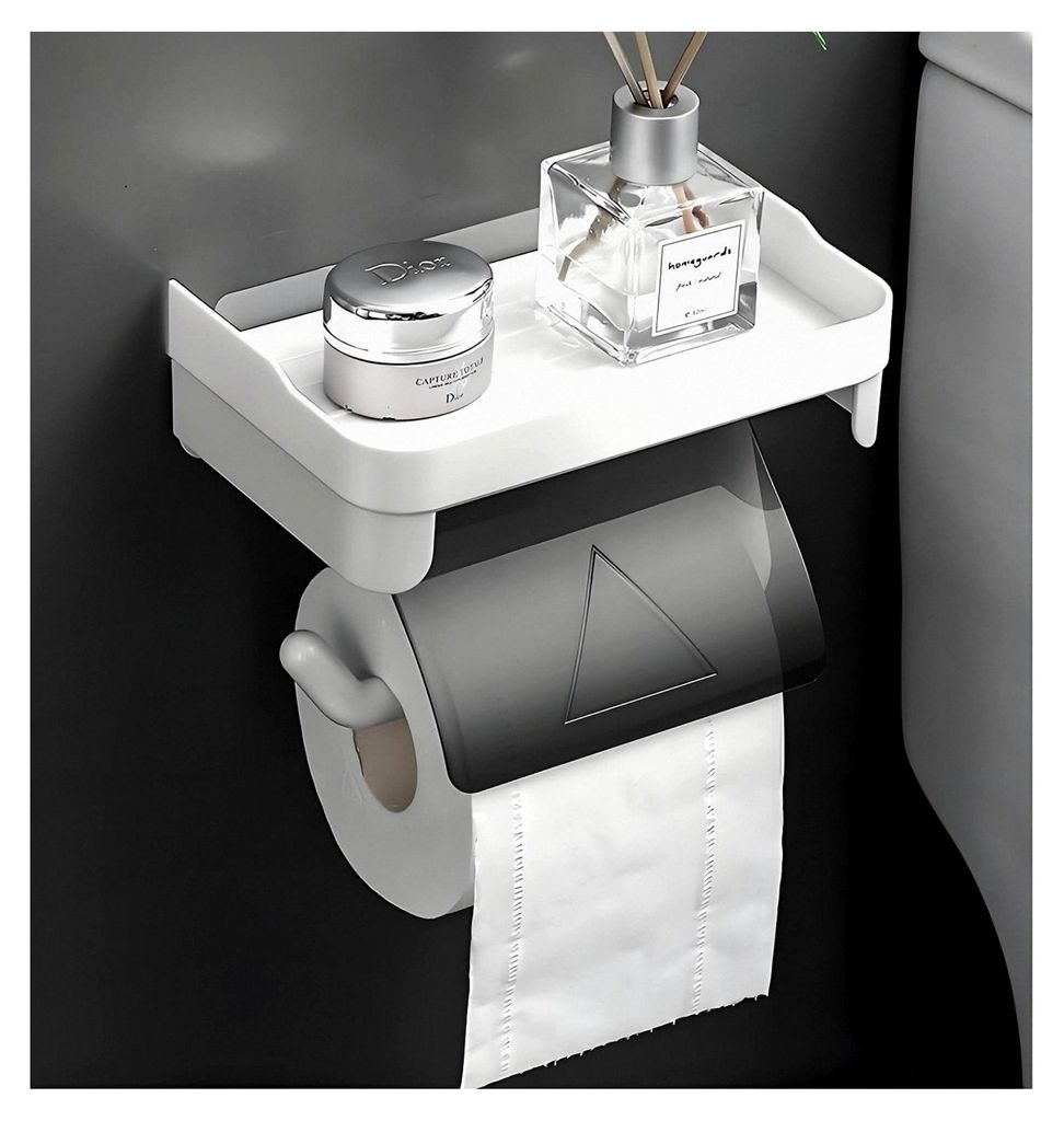 Toilettenpapierhalter Weiß mit Ablage und grauem Deckel, selbstklebend und ohne Bohren