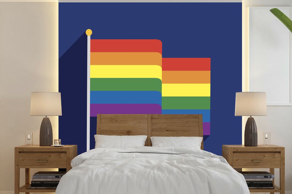 MuchoWow Fototapete für Wohnzimmer oder Schlafzimmer Wandtapete Vinyl Motivtapete Illustration einer Flagge in den Farben des Regenbogens - 220x...