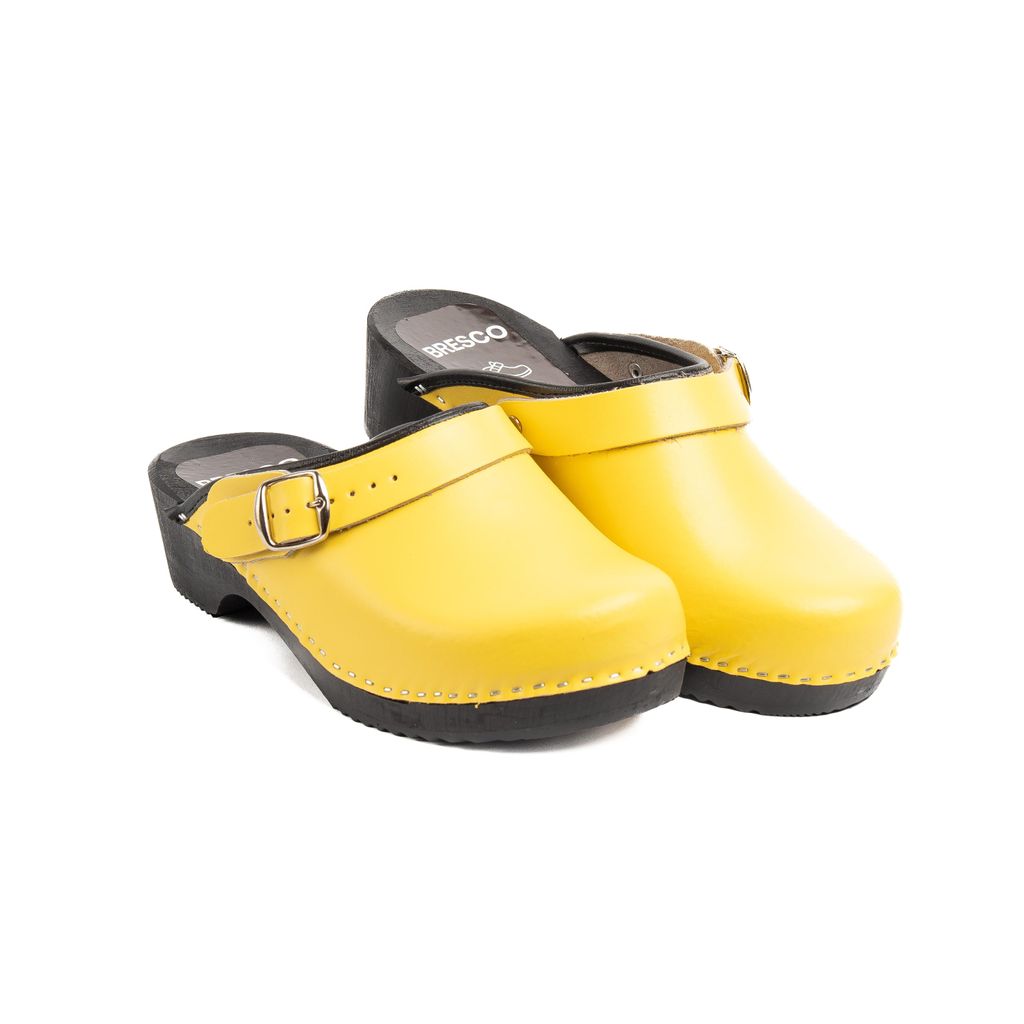 Damen Holzclogs aus Echtleder Gelb mit schwarzer Holzsohle Produktbild 