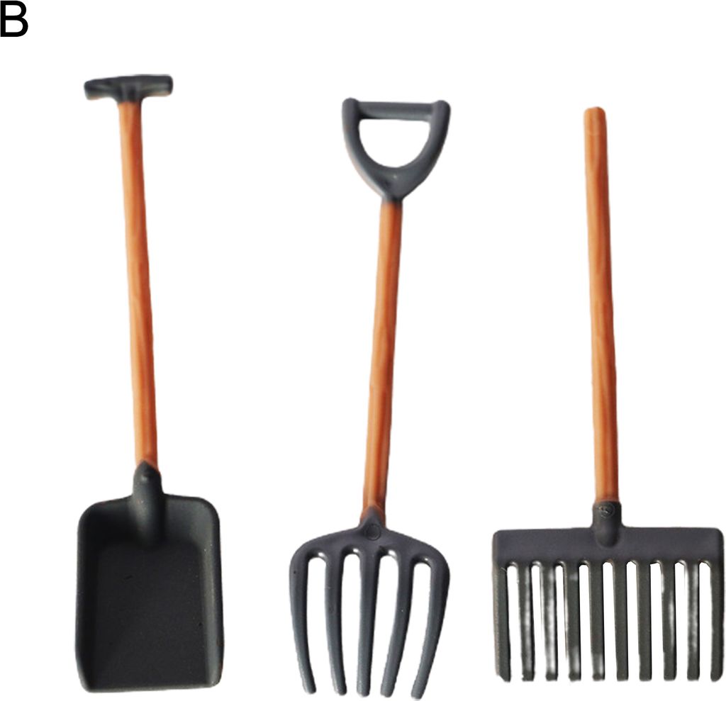 1 Set Puppenhaus-Miniaturen, hohe Simulation, bestes Geschenk, Kunststoff-Mini-Bauernhof-Werkzeug, Schaufel, Rechen für Mikro-Landschaftsszene-B