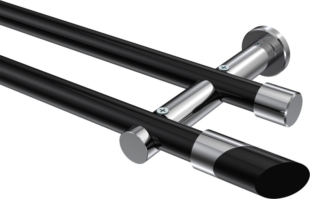 Interdeco Gardinenstange / Vorhangstange Schwarz / Chrom, Typ Platon Verano (Schräge Bicolor) ohne Ringe, 20 mm Ø 2-läufig, 120 cm