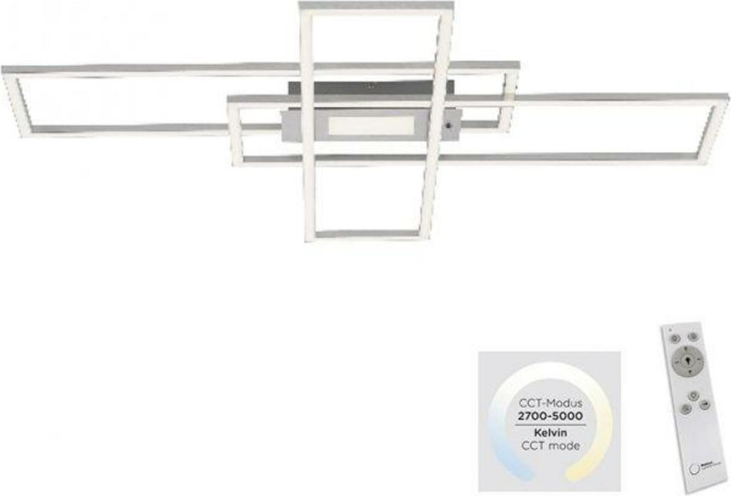 A modern LED ceiling light with a geometric design, shown with a remote control and a color temperature indicator.