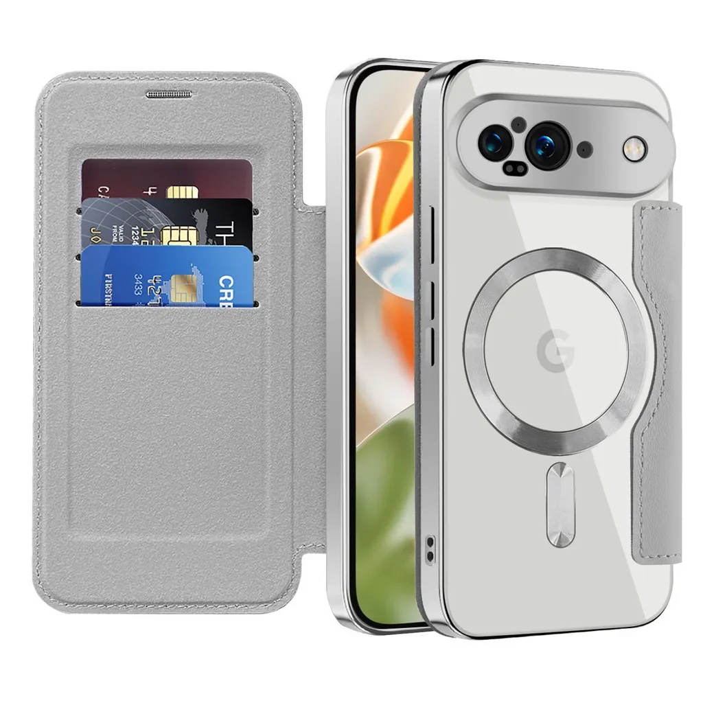 Custodia per Google Pixel 9 compatibile con MagSafe, custodia trasparente con portacarte, custodia in pelle con protezione della fotocamera Argento