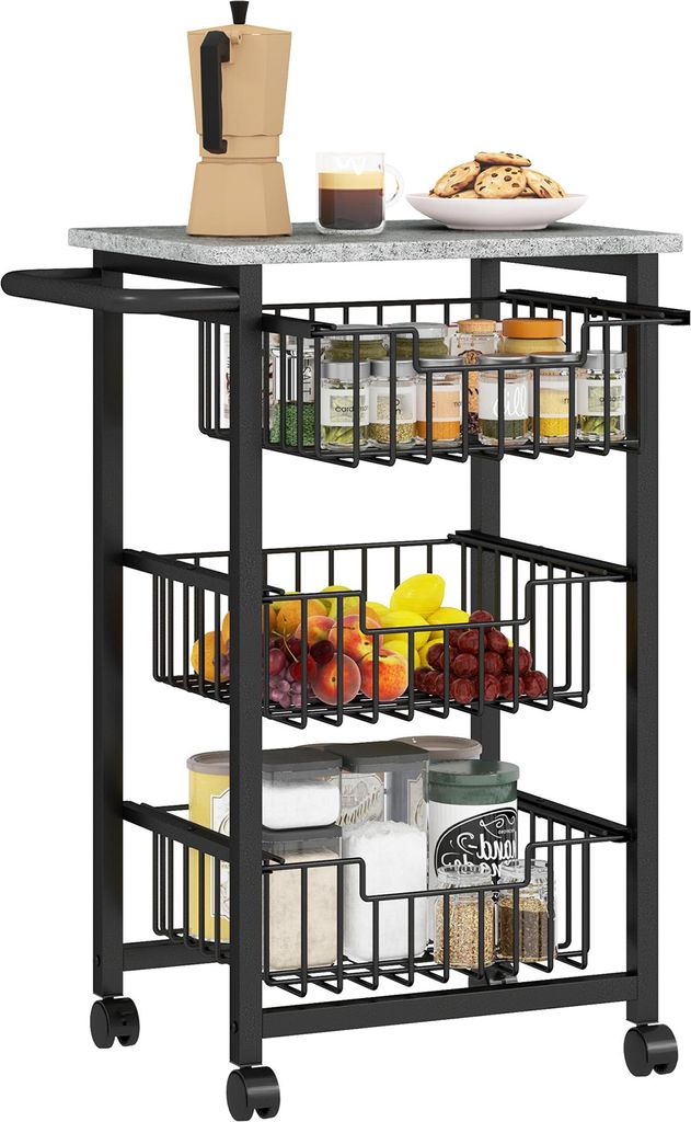3-stufige Küchenwagen auf Rädern, Rollbarer Servierwagen, Küchen-Trolley mit 3 Stahlkörben, Servierwagen, 49,5x31,0x69,0 cm, Hellgrau