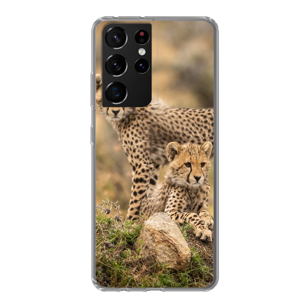 MuchoWow Handyhülle Schutzhülle Hülle für Samsung Galaxy S21 Ultra Leopard - Jungtier - Natur Silikon Softcase Handy Hülle - Mobiltelefon