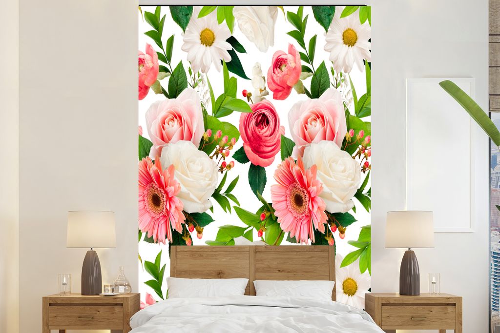 MuchoWow Fototapete für Wohnzimmer oder Schlafzimmer Wandtapete Vinyl Motivtapete Blumen - Muster - Rosen - 200x300 cm - Wanddekorationen