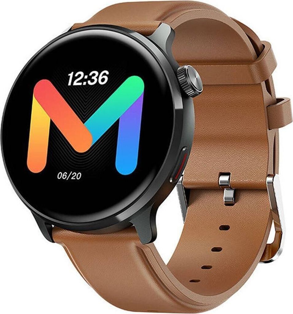 A smartwatch with a brown leather strap is shown against a white background. The watch face displays the time, date, and a colorful 'M' logo.