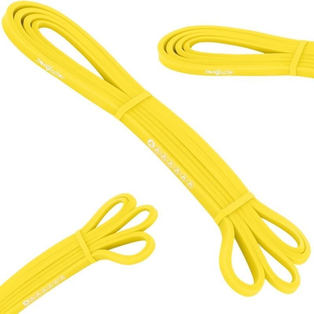 Multiple views of a yellow resistance band.