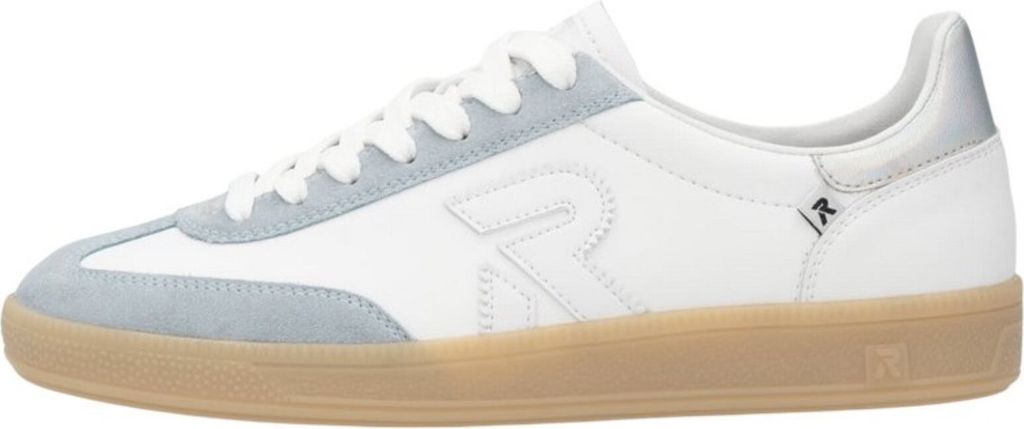 A side view of a white and light gray sneaker with a tan sole.