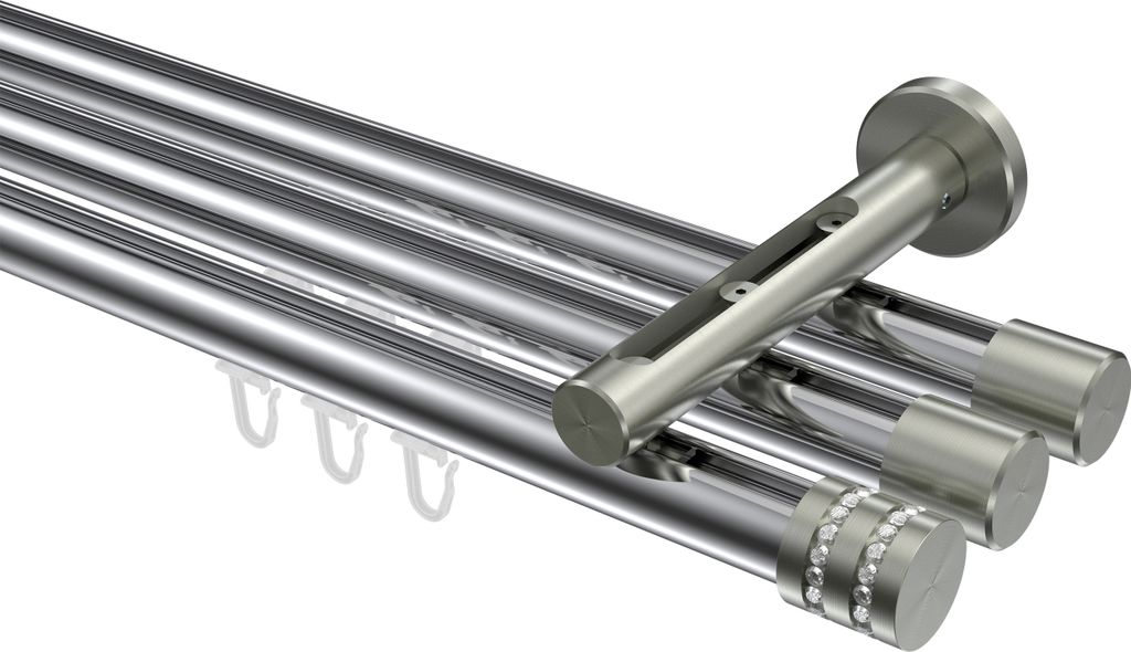 Interdeco Innenlaufstange / Gardinenstange mit Innenlauf Chrom / Edelstahl-Optik, Typ Siteno Estana (Glitzerkappe), 20 mm Ø 3-läufig, 240 cm