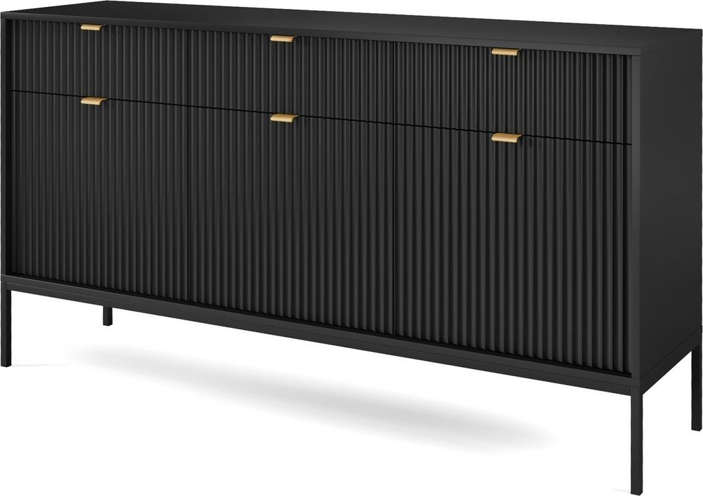 Furniture24 Kommode Nova KSZ154 Schrank Wohnzimmerschrank Sideboard mit 3 Türen 3 Schubladen Schwarz