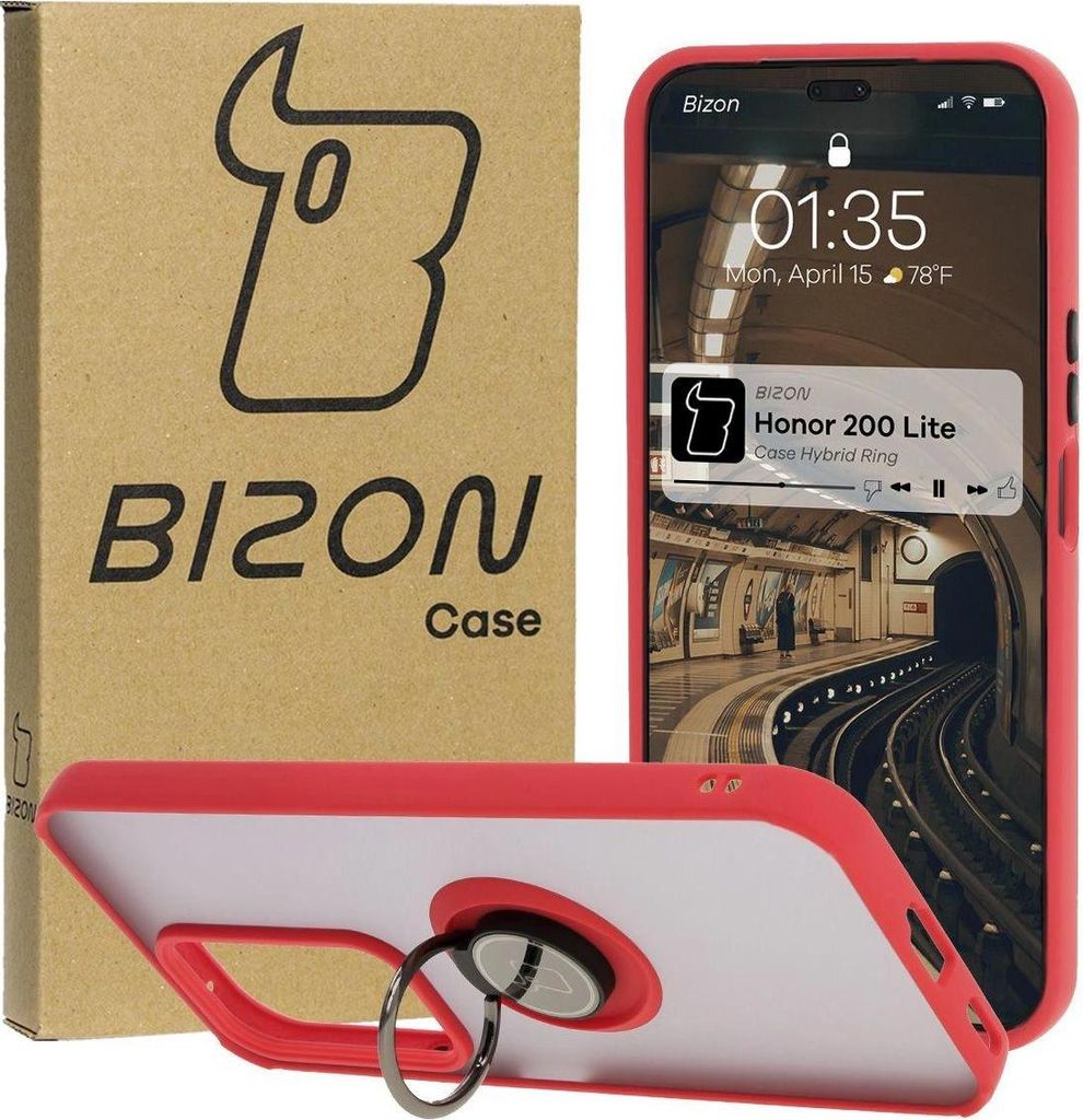 Bizon Case Hybrid Ring Fingerring Hülle für Honor 200 Lite, Rauch mit rotem Rahmen