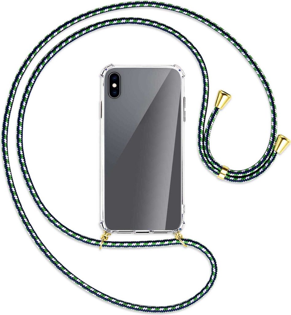 Handykette Backcover-Schutzhülle mit Band (Metall goldfarben) für Apple iPhone XS Max - grün/blau/weiß
