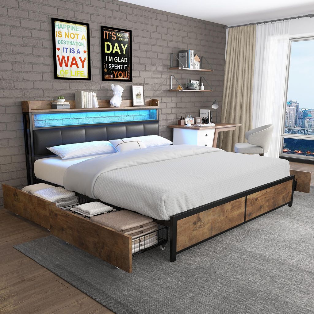 Polsterbett 140 x 200 mit Lattenrost und Kopfteil, LED-Bett, Jugendbett, mit 4 Schubladen, PU, schwarz