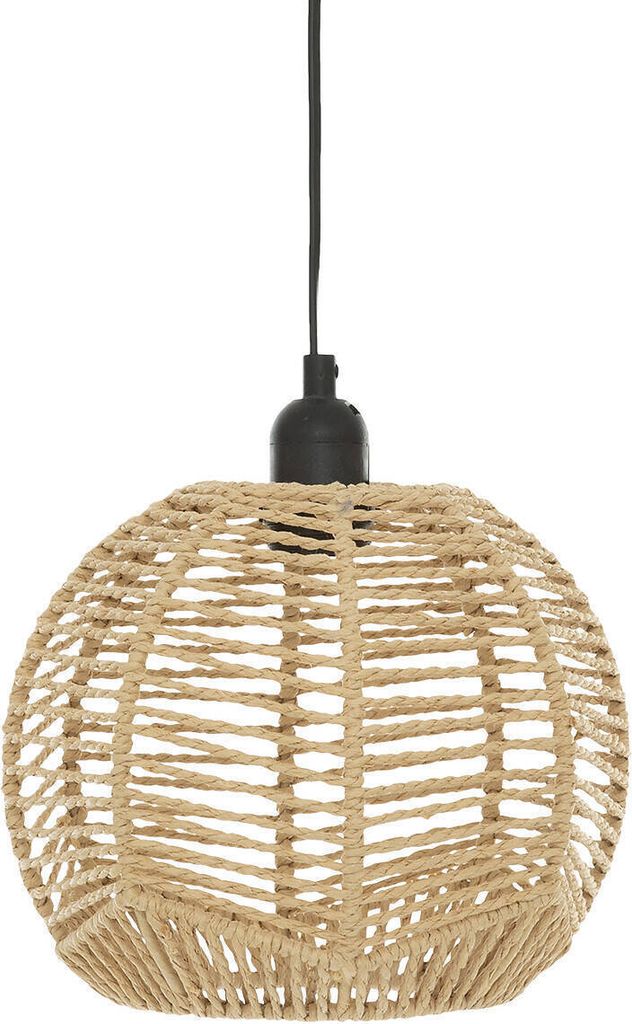 A hanging lamp with a woven shade.