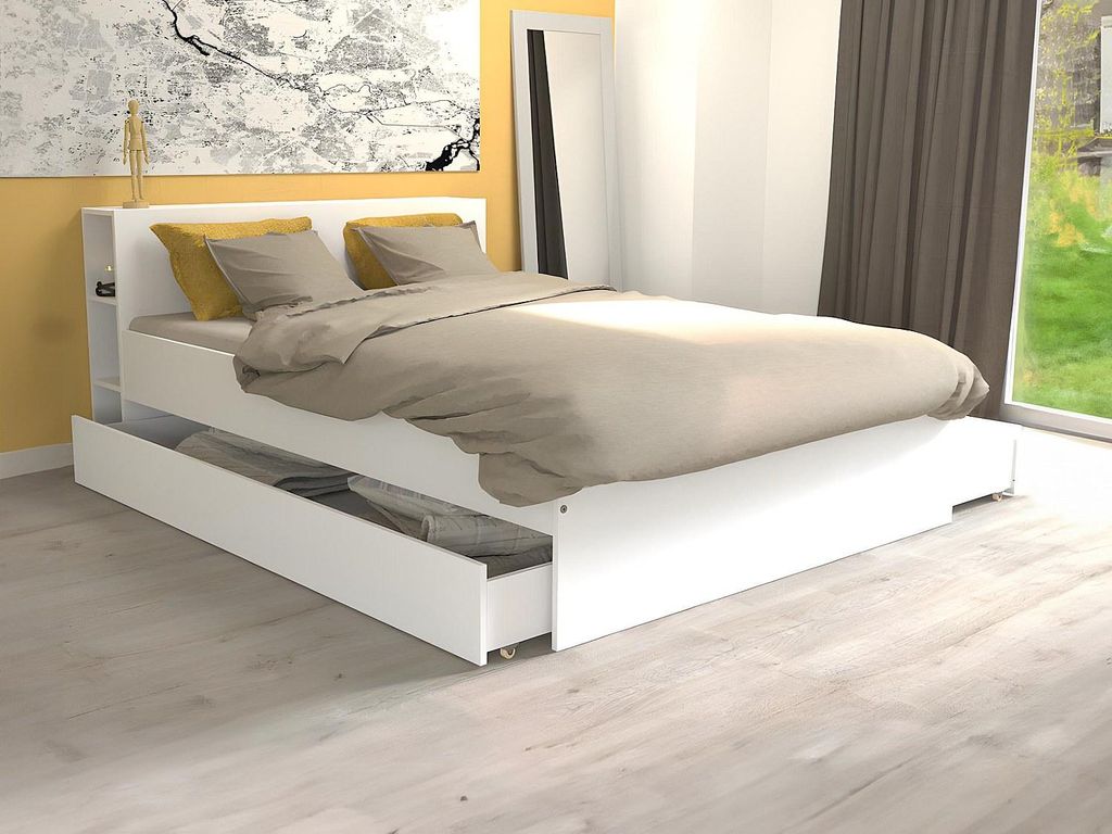 Bett mit Kopfteil, mit Kommode und Schubladen - 140 × 190 cm - Weiß - EUGENE
